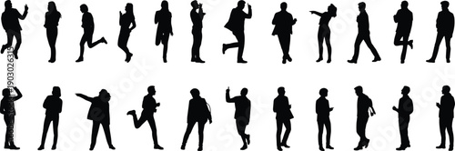 Active people silhouette collection, walking running and gesturing men women figures, dynamic human poses isolated, casual lifestyle motion silhouettes for design projects
