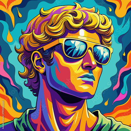 Modern pop art illustration of a Greek statue wearing sunglasses with vibrant colorful psychedelic background.