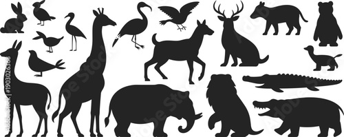 Animal silhouette collection with wildlife birds reptiles and mammals, zoo forest and safari animals, nature illustration set isolated on white