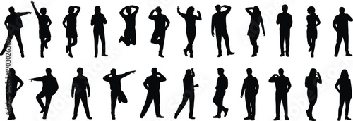 Active people silhouette collection, dancing jumping and posing men women figures, dynamic human action poses isolated, energetic lifestyle silhouettes for creative design use