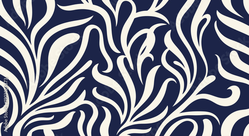 A seamless pattern of swirling organic shapes in cream against a deep navy blue background.