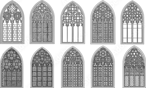 Gothic cathedral window illustration set featuring pointed arches, intricate tracery, and medieval church architectural details in black and white line art