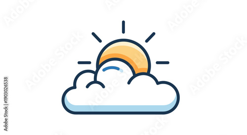 A stylized illustration of the sun peeking from behind a fluffy white cloud.