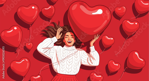 Laughing woman lying on red floor with heart balloons vector illustration