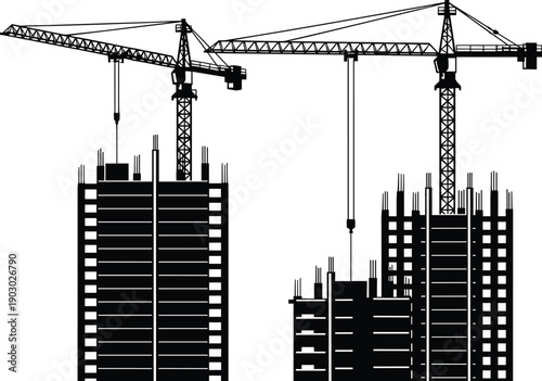 High, rise, building, construction, silhouette, tower, cranes, urban, skyline, development, industrial, engineering, architecture, infrastructure, progress, vector, illustration