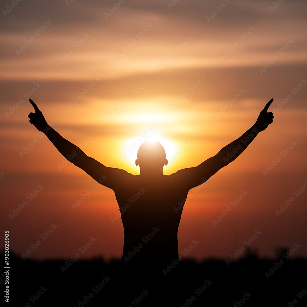 Fototapeta premium Man with arms raised celebrating success at sunset silhouette