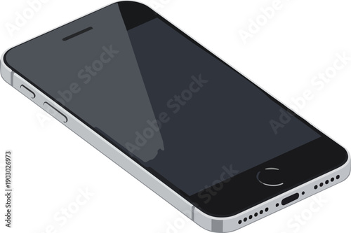 A sleek, modern smartphone with a dark screen and metallic silver edge, presented in a clean, isometric perspective against a white background
