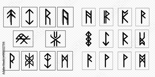 Collection of ancient runic symbols, a historical alphabet used by Germanic peoples, isolated on a white background.