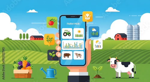 Smart farming technology on a smartphone in a green field with farm animals and a barn