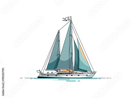 Sailboat with Triangular Sails and Flag.