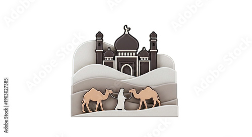 Islamic Desert Scene with Mosque and Camels