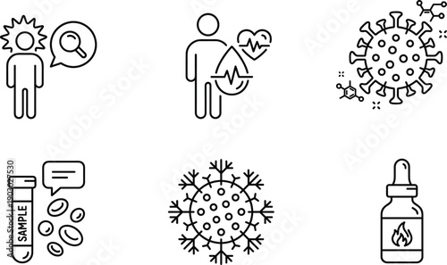 Medical health virus and laboratory icon set with patient monitoring, blood sample, bacteria, vaccine bottle and infection symbols healthcare illustration collection