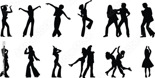 Dancing people silhouette collection, men and women dance poses, energetic movement figures isolated, party lifestyle silhouettes, dynamic human action set for design use