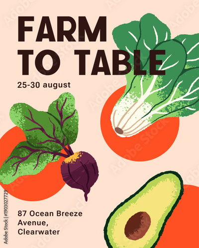 Advertising template of sale in grocery store. Design of farmers market promotion poster. Layout with different healthy farm food, organic agricultural crops and vegetables. Flat vector illustration