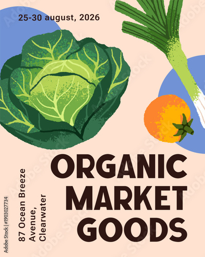 Design of advertising poster of healthy farm food market. Sale promotion template with organic vegetables, farmers groceries and natural agricultural crops on layout. Flat vector illustration