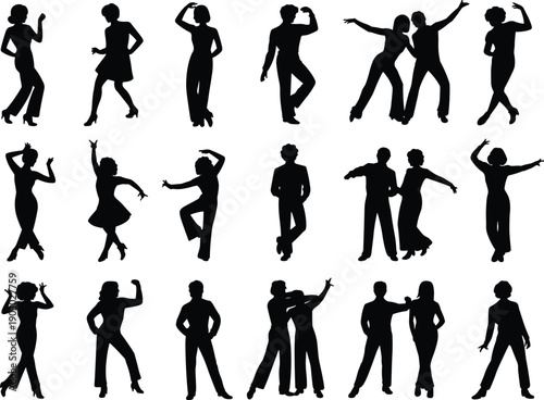 Dancing people silhouette collection, men and women dance poses isolated, energetic party movement figures, dynamic human silhouettes set for creative design projects