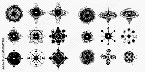 Abstract Black Hole and Vortex Icons Set: Cosmic Swirls, Geometric Shapes, and Celestial Elements for Design.
