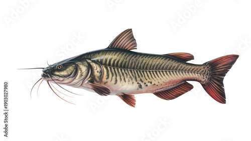 A detailed illustration of a catfish with prominent whiskers and a streamlined body
