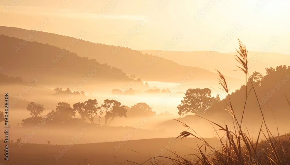 Fototapeta premium Misty Landscape with Trees and Hills at Sunrise.