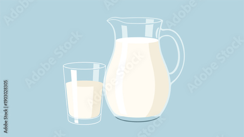 Pitcher of fresh cold milk stands next to a full glass of milk on a light blue background for a healthy breakfast.