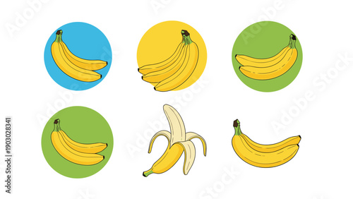 Selection of banana icons features bunches and single peeled fruit in various colorful circles for health food themes.