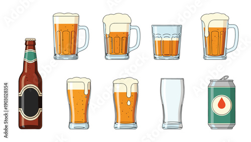 Large assortment of beer includes full mugs with white foam plus a brown bottle and a green aluminum can for parties.