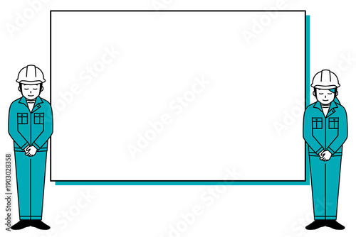 ホワイトボードとお辞儀をするヘルメットの作業員の男女