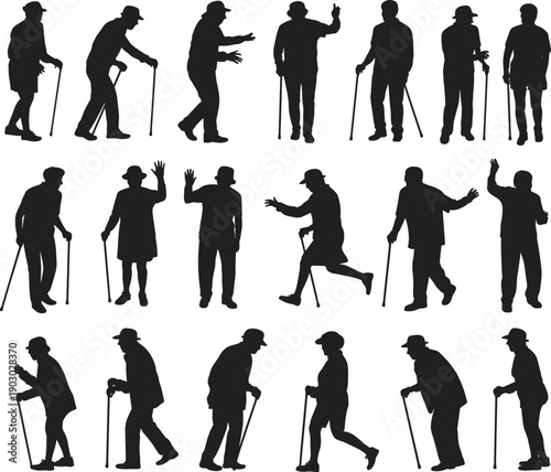Elderly man silhouette collection, senior people walking with cane, old age mobility poses, retirement lifestyle illustration isolated set