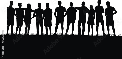 Silhouette of diverse group of friends standing together outdoors on grass, teamwork and unity concept for community, cooperation, friendship and social connection.