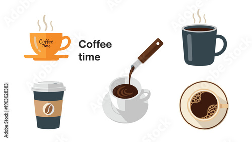 Diverse collection of coffee cups shows takeaway mugs and traditional ceramic cups with steam for morning caffeine.