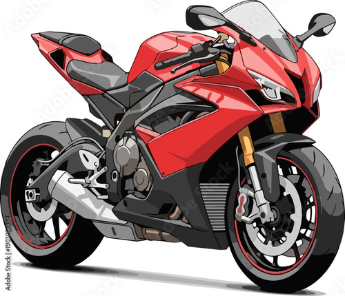 Detailed illustration of a sleek, modern, red sport motorcycle, showcasing its powerful design and aerodynamic features