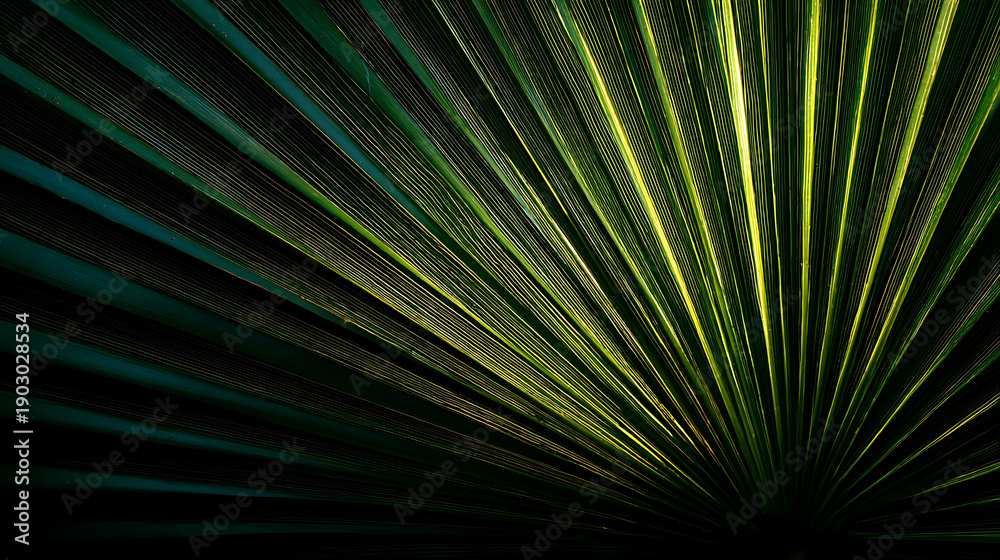 Obraz premium Close up of backlit palm leaf veins in dark green and yellow