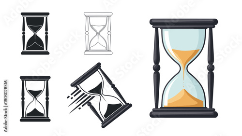 Various styles of hourglasses including a large detailed version with falling sand represent the passing of time.