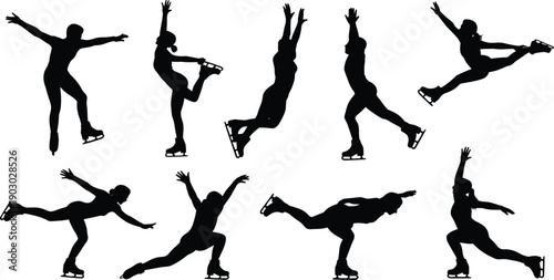 Figure skating silhouette collection, ice skater jumping spinning poses, winter sport athlete action, isolated black silhouettes on white background