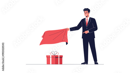 Smiling businessman in a suit lifts a red cloth to reveal a secret gift box for a special surprise celebration.