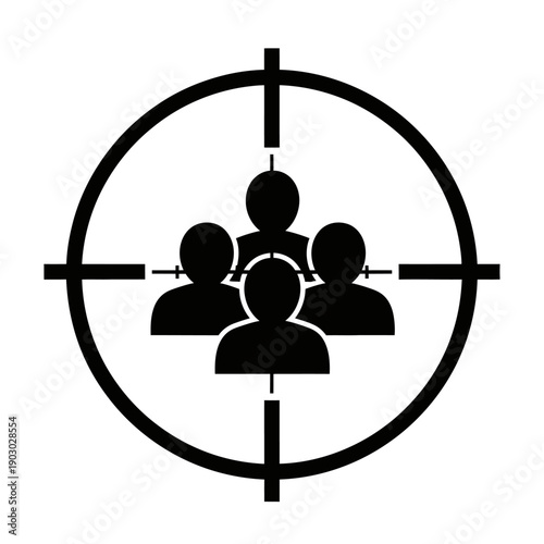 A black and white illustration of a sniper scope reticle focused on a group of four stylized human figures.