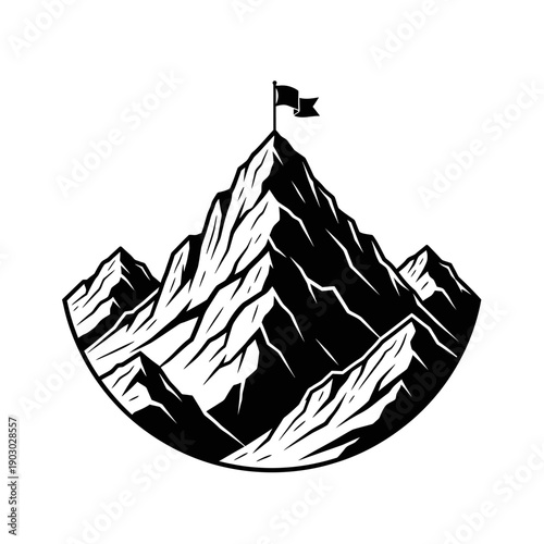 A dramatic black and white illustration of a mountain peak with a flag at its summit.