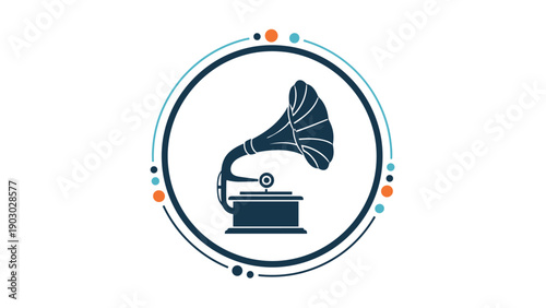 Vintage gramophone record player icon enclosed in a stylized circular frame with colorful dots on a clean white background.