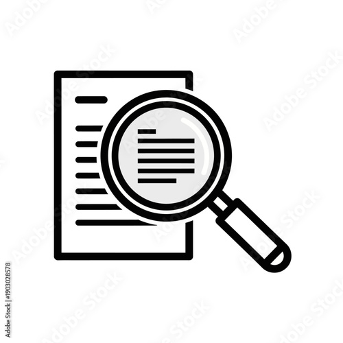 A black and white illustration of a magnifying glass hovering over a document with lines of text.