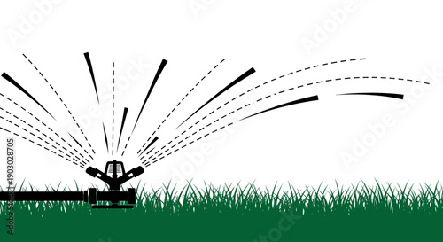 A garden sprinkler system is shown watering a lush green lawn with water spraying in arcs.