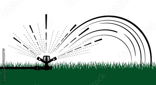 An illustration of a lawn sprinkler spraying water in an arc over green grass.