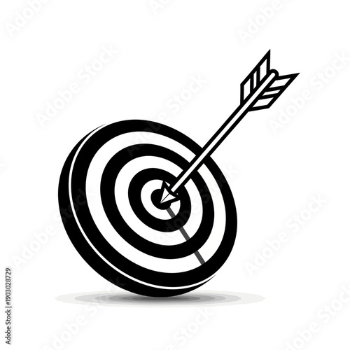 A black and white illustration of a target with an arrow hitting the bullseye.