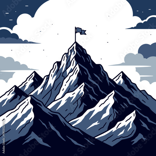 A flag planted on the summit of a majestic snow-capped mountain, symbolizing achievement and victory.