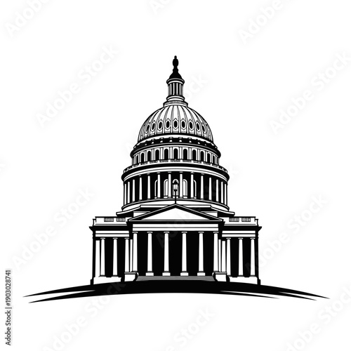 A detailed black and white illustration of the United States Capitol Building, a prominent architectural landmark.