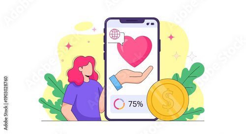 Illustration of a person interacting with a mobile app displaying a heart symbol and a donation progress bar, with a gold coin nearby.