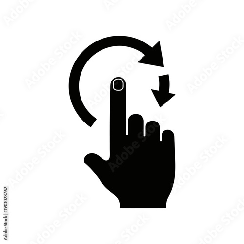 A black icon depicting a hand with a finger performing a circular swipe gesture, indicating a digital interaction.