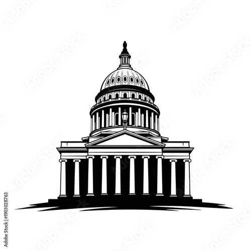 A detailed black and white illustration of the United States Capitol Building with its iconic dome and columns.