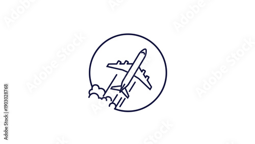 Minimalist line art illustration of a commercial airplane taking off through the clouds enclosed within a thin circular border.