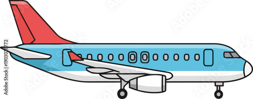 Stylized vector illustration of a passenger airplane, rendered in a light blue and red color scheme, symbolizing air travel, global connectivity, and swift journeys