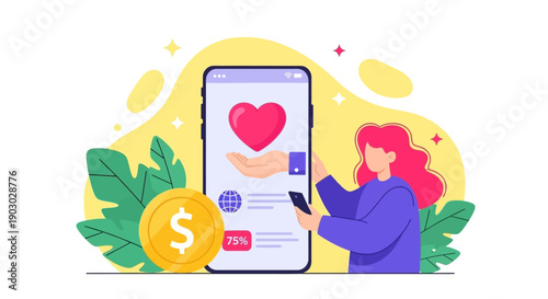 A woman uses a smartphone to make a donation to a charity, symbolized by a heart and a coin.
